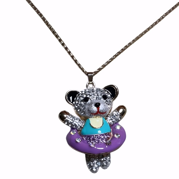 Betsey Johnson Teddy Bear Necklace, Gold Tone, Crystals, Purple Tutu, 28" Chain - Picture 4 of 10